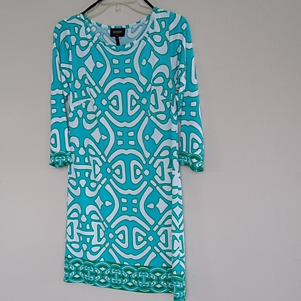 Laundry Jersey Blue, Green and White Print Dress